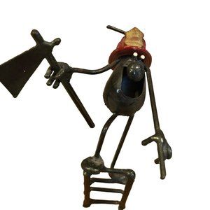 Artist Sculpture Metal Fireman on Ladder hatchet helmet trophy